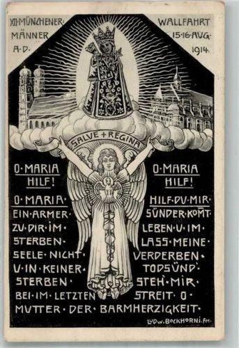 Altötting 1915 12. Münchner Männer-Wallfahrt 1914 Madonnenbildnis Altötting sign. Bockhorn Wallfahrtsstempel