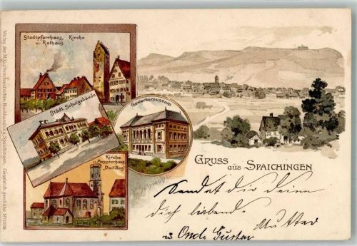 Spaichingen 1900 Kirche Messnerhaus Schule Gewerbemuseum Rathaus sign. P Schmohl