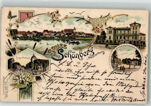 Schönberg 1896 Kriegerdenkmal Amtsplatz Bahnhof Schmetterling
