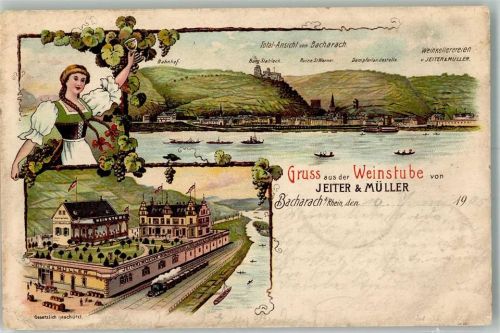 Bacharach 1905 Lithographie Bahnpost Köln Aschaffenburg Zug 639 11.6.05 Gasthaus Weinstube Eisenbahn