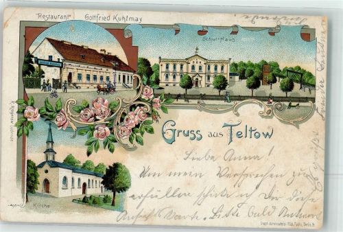 Teltow 1900 Schulhaus Gasthaus Kuhlmay Lithographie