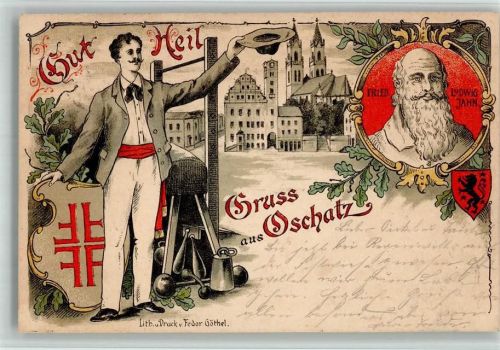 Oschatz 1900 Gut Heil! Wappen Turnvater Jahn Lithographie