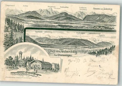 Taubenberg 1903 Verläufer Druck um 1890 Gebirgskette Gasthaus Aussichtsturm Tegernsee Benediktenwand Zugspitz
