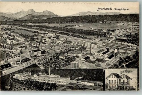 Bruckmühl 1910 sign. Kaltenbach Vogelschau Papierfabrik