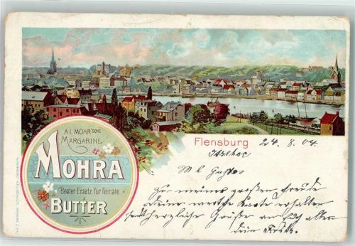 Flensburg 1904 Webung Mohra-Magerine Bahnpost Hamburg-Hoyerschleuse Zg. 1008