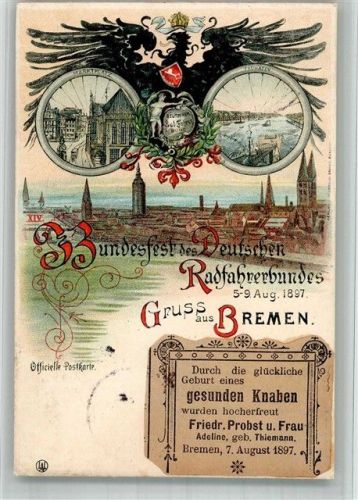 Bremen 1897 Bundesfest Radfahrerbund Lithographie + Aufkleber Freudiges Ereignis Geburt e. Kindes