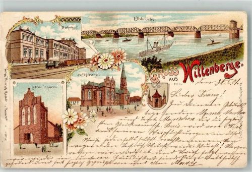 Wittenberge 1901 Lithographie Elbbrücke Ev. Kirche Alter Turm Stadtwappen Bahnhof