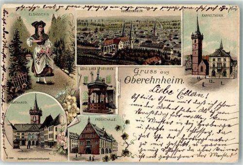 Obernai 1899 Lithographie Tracht Rathaus Fruchthalle Denkmal Sechs eimer Brunnen Bahnpost Strassburg Molsheim Zug 642