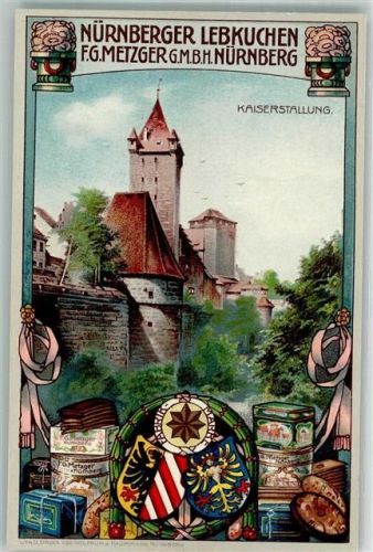 W8500 Nürnberg Werbung Metzger Dosen Wappen Lebkuchen Lithographie / Künstlerkarte