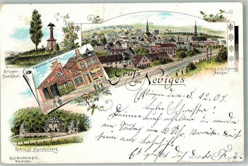 Neviges 1905 Lithographie Elektr. Zentrale Schloß Hardenberg Kriegerdenkmal kl. Einriss