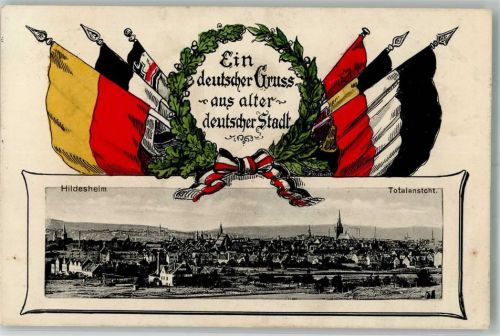 Hildesheim 1917 Deutscher Gruß aus alter Stadt Fahnenkarte Lorbeerkranz Hildeshein