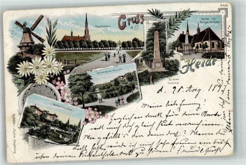 Heide 1897 Lithographie Züphen-Denkmal Windmühle Waldschlößchen Marktplatz