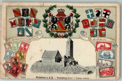 Weinheim 1910 Wachenburg Wappenkarte Briefmarken-Abbildungen Bahnpost Frankfurt- Stauchung