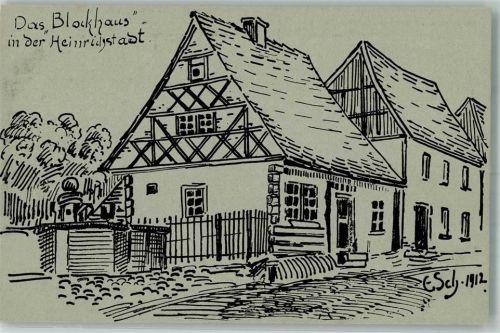 Schleiz Das Blockhaus in der Heinrichstadt sign. E. Schunke Federzeichnung Serie Malerische Winkel in Schleiz Nr. 4