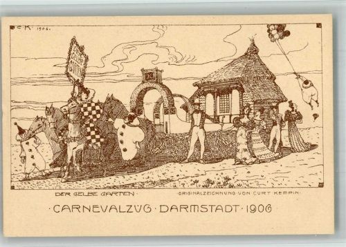 W6100 Darmstadt Karneval Festzug, der gelbe Garten Zeichnung von Curt Kempin Kunstgeschichte Darmstadt 1906 BOAKC