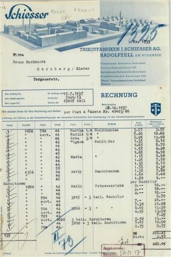 Radolfzell Rechnung von 1937 Schiesser Trikotfabriken