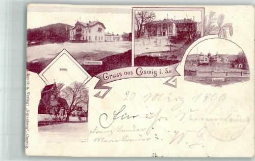 Coswig 1899 Kirche Spitzgrundmühle Schulhaus Lindenhof