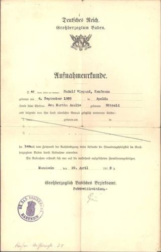 Mannheim Aufnahmeurkunde Staatsangehörigkeit Großherzogtum Baden von 1918