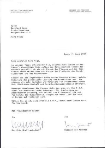 Wahlbrief Dr. Otto Graf Lambsdorff von 1989