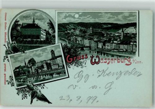 Wasserburg 1899 Städtisches Realschulpensionat Singvögel Innbrücke Verlag Ottmar Zieher-München