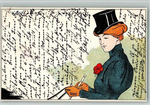 1898 Jugendstil Au Bois Schöne Frau beim Reiten Lithographie Adelskorrespondenz