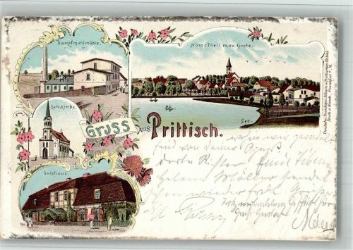 Prittisch 1900 Dampfmahl- Mühle ev Kirche Kath. Kirche GutshausLithographie
