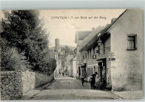 Eppstein 1907 Dorfstrasse Schlosserei Emailleschilder Fahrrad Burg Burgturm