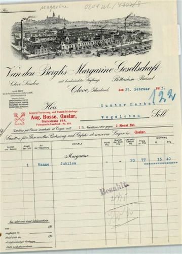 33829 W4807 Cleve Briefkopf Rechnung von 1913 Van den Berghs Margarine Gesellschaft