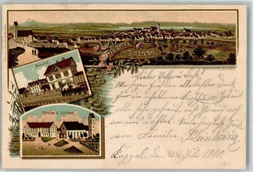 Buchau 1900 Lithographie Bahnhof Kirche Schloss