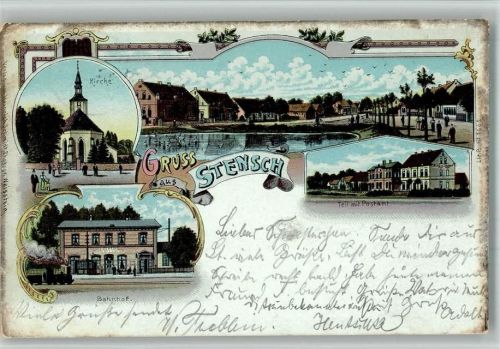 Seenbrück 1900 Lithographie Bahnhof Postamt Kirche