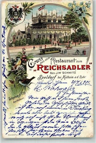 Speldorf 1901 Lithographie Gasthaus zum Reichsadler Straßenbahn Wappen Vögel