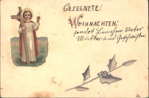 Leinen-AK von 1916 mit aufgeklebter Oblate Heiligenabbildung