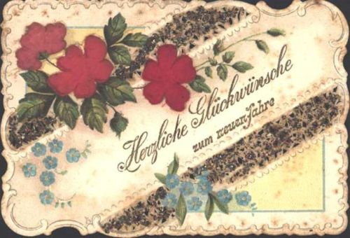 Rosenapplikationen montiert au Neujahrs-AK, gestanzt, Glitzer