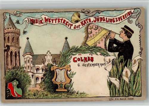 Colmar 1903 Kath. Kirche Musikwettstreit kath. Jünglingsvereine Lithographie