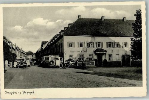 09619 O9215 Sayda Foto AK Gasthaus Goldener Löwe Reisebusse Ort lt. Stempel