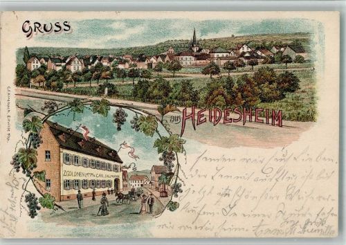 Heidesheim 1904 Lithographie Gasthaus zum Goldnen Lamm Bahnpost Zug 253