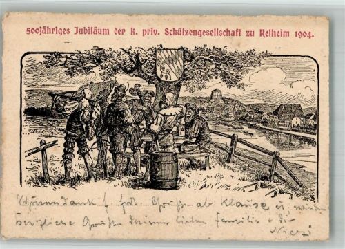 Kelheim 1904 Künstlerkarte 500 Jahre kgl. priv. Schützengesellschaft zu Kelheim 1904 Armbrustschützen Wappen Schützengesellschafts-Stempel