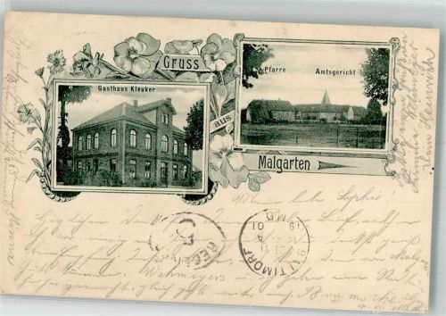 Malgarten 1901 Pfarrhaus Amtsgericht Gasthaus Kleuker Erh. II-Stauchung und kl. Einriss
