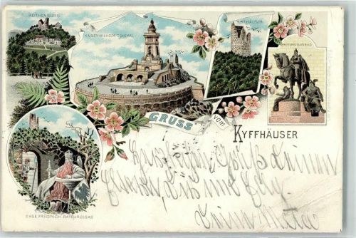 Kyffhäuser 1896 Lithographie Rothenburg Sage Friedrich Barbarossa Reiterstandbild Bahnpoststempel Zug 65