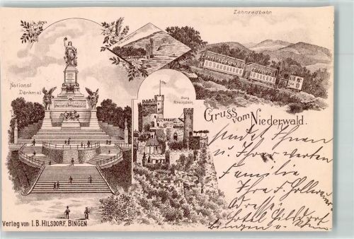 Rüdesheim 1898 Lithographie Niederwald National-Denkmal Burg Rheinstein Zahnradbahn Mäuseturm