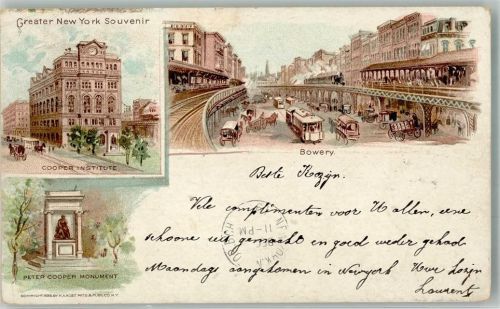 New York City 1901 Denkmal Peter Cooper Cooper Institut Straßenbahn Bowery