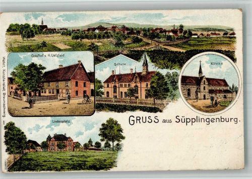 Süpplingenburg 1906 Lithographie Gasthaus Uetzfeld Lindenplatz Schule Dorfkirche