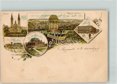 Wiesbaden Kath. Kirche Nerotempel Königliches Schloss Theater Gasthaus am Neroberg Blumen Gruss Lithographie