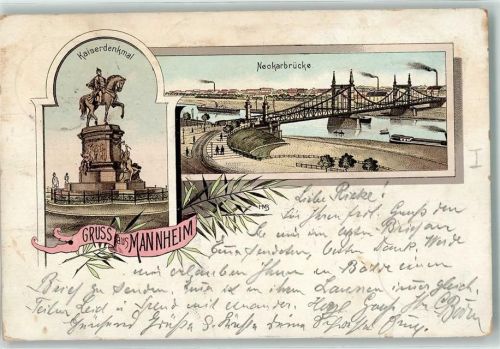 Mannheim 1897 Kaiserdenkmal Neckarbrücke Schiff Boot Fabrik Gruss