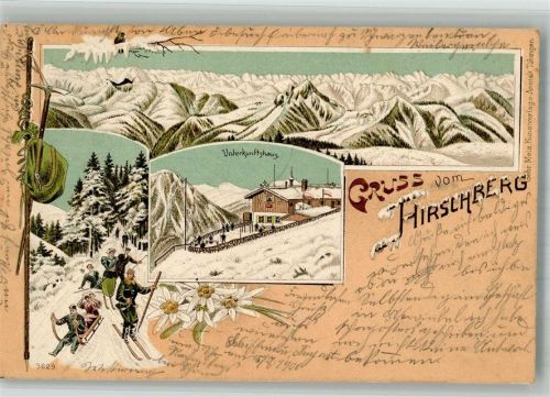 Hirschberghaus Winterlithographie Posthilfestelle Hirschberghütte Rodler Skiläufer Unterkunftshaus Alpen
