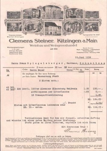 Kitzingen Rechnung von 1938 Clemens Steiner Weinbau Weingrosshandel