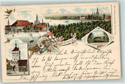 Konstanz 1899 Conciliumgebäude Schnetztor Denkmal Kirche Anker Wappen Segelboot Gruss Blumen
