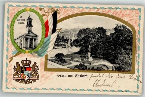 Ansbach 1907 Wappen Fahnen St. Ludwig-Kirche Denkmal Passepartout
