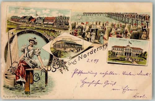 Norderney 1897 Viktoriastraße Blumenmädchen Dünenhalle Grosses Logierhaus Strandkörbe