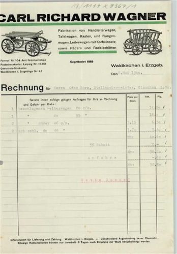 Waldkirchen Rechnung von 1940 Carl Richard Wagner Leiterwagen